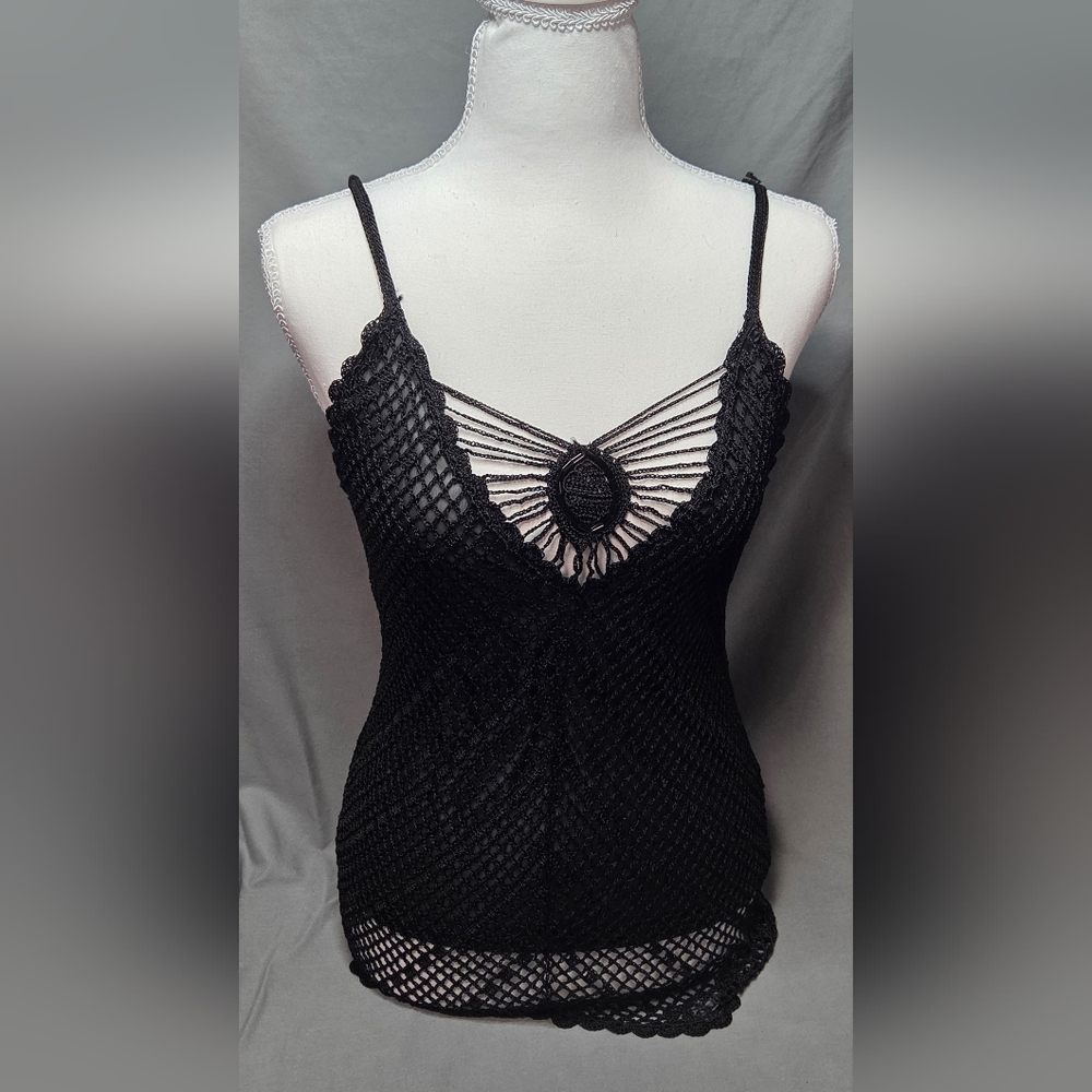 Large Say What? Black Crochet Beaded Sleeveless Top – Lined - Vintage